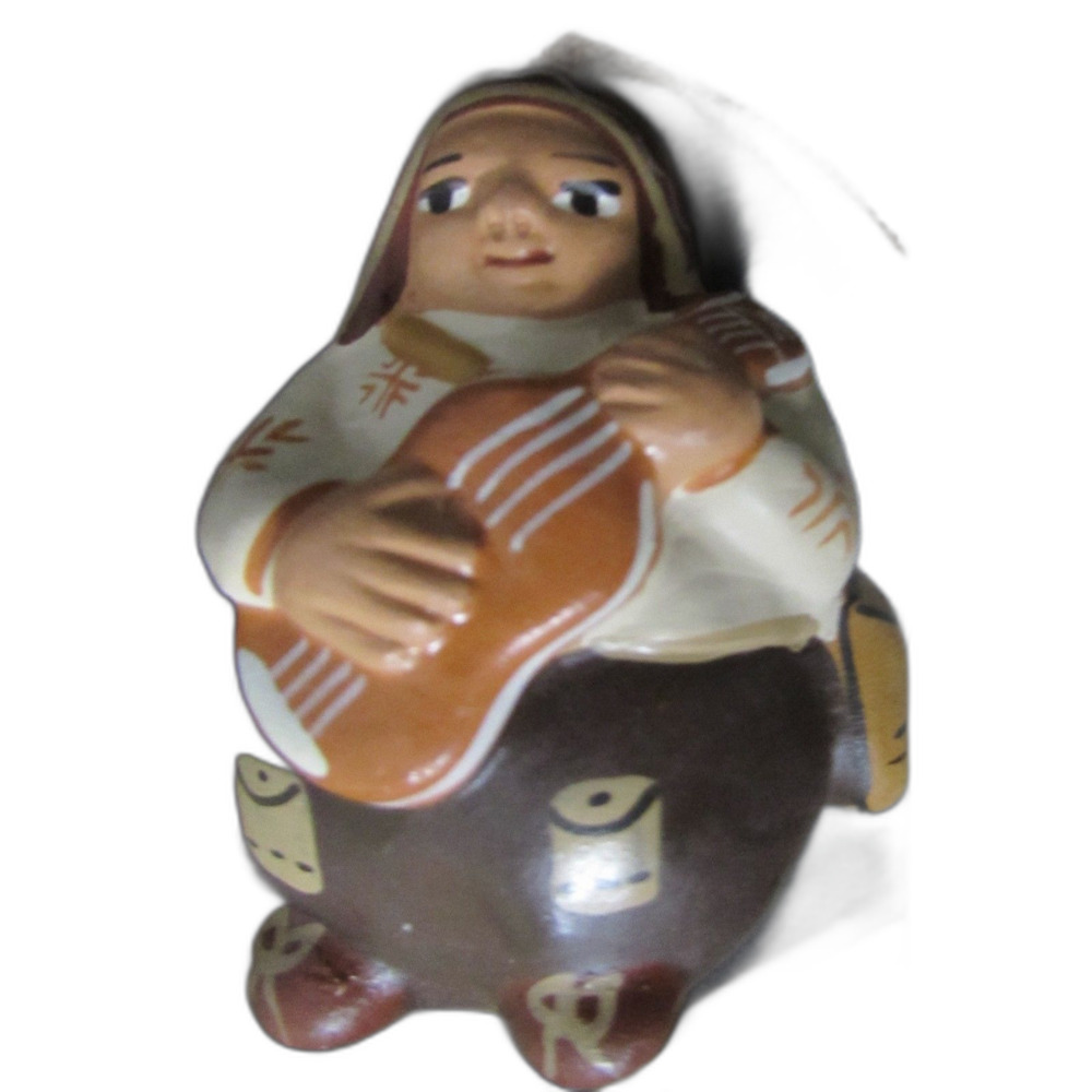 Peruvian Clay art bell ten thousand villages handmade guitar player folk art